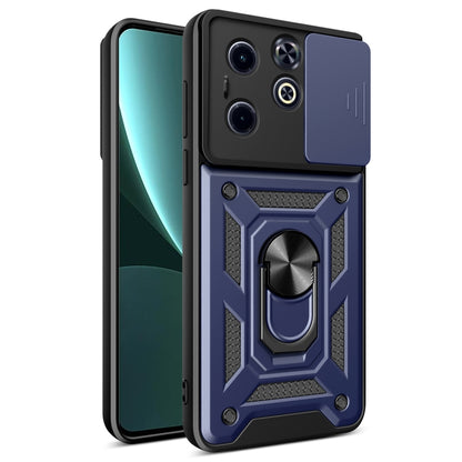 Blue and black rugged phone case with sliding camera cover and ring grip