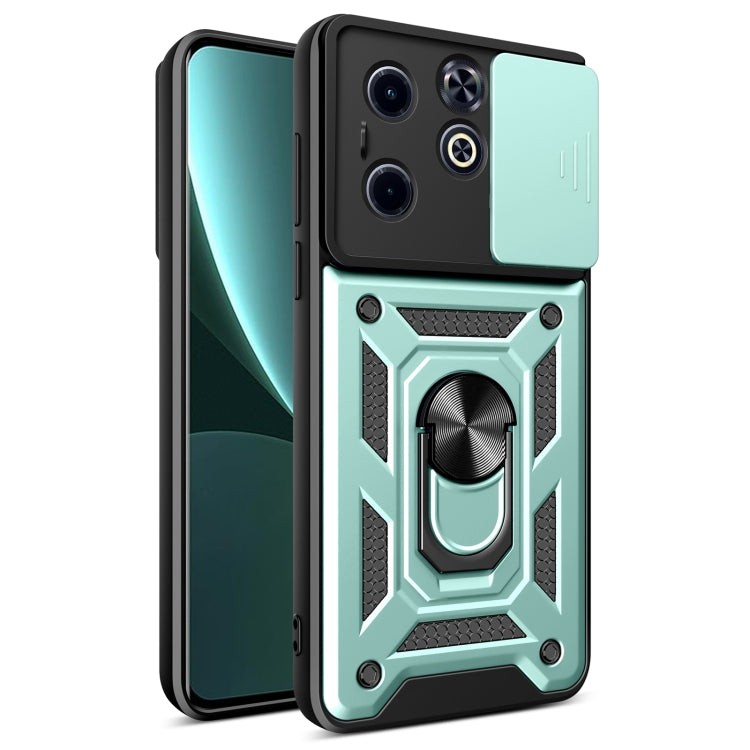 Mint green and black rugged phone case with sliding camera cover and ring grip