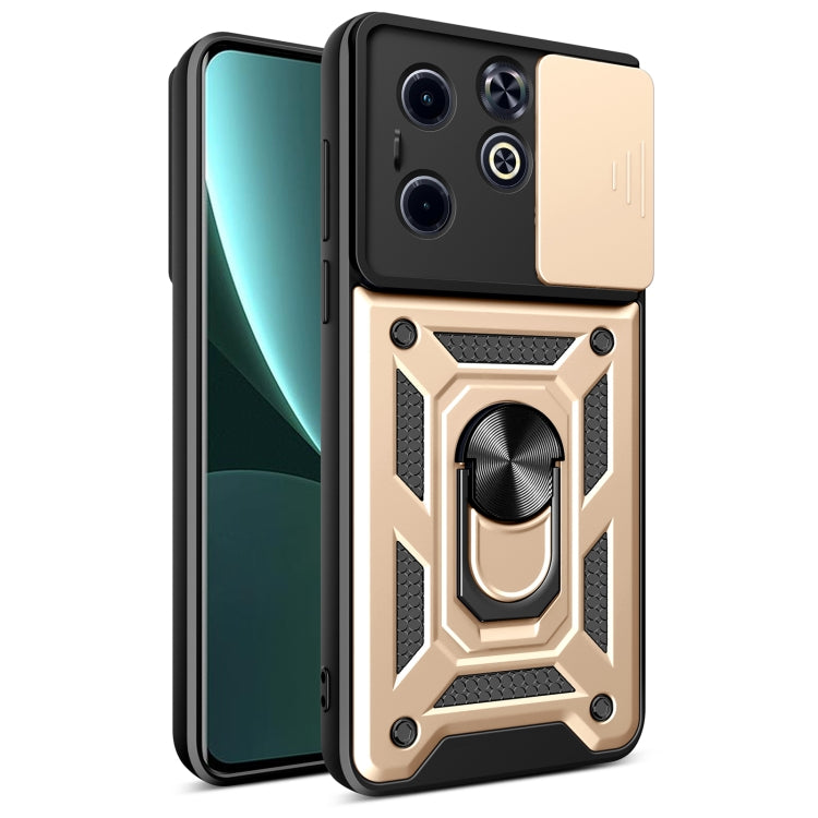 Beige and black rugged phone case with sliding camera cover and ring grip