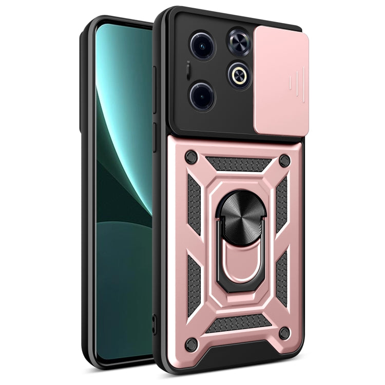 Pink and black rugged phone case with sliding camera cover and ring grip