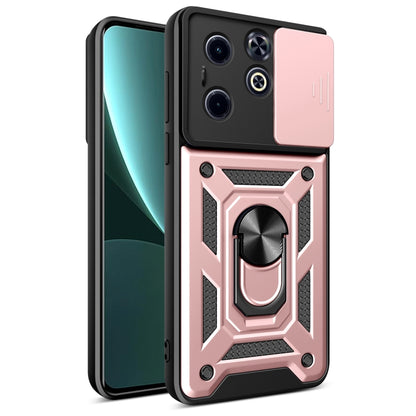 Pink and black rugged phone case with sliding camera cover and ring grip