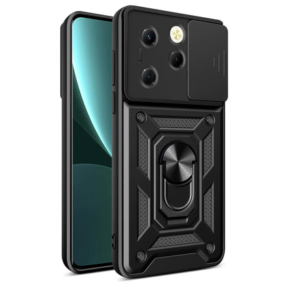 Sliding camera cover phone case, matte black rugged armor design with ring holder