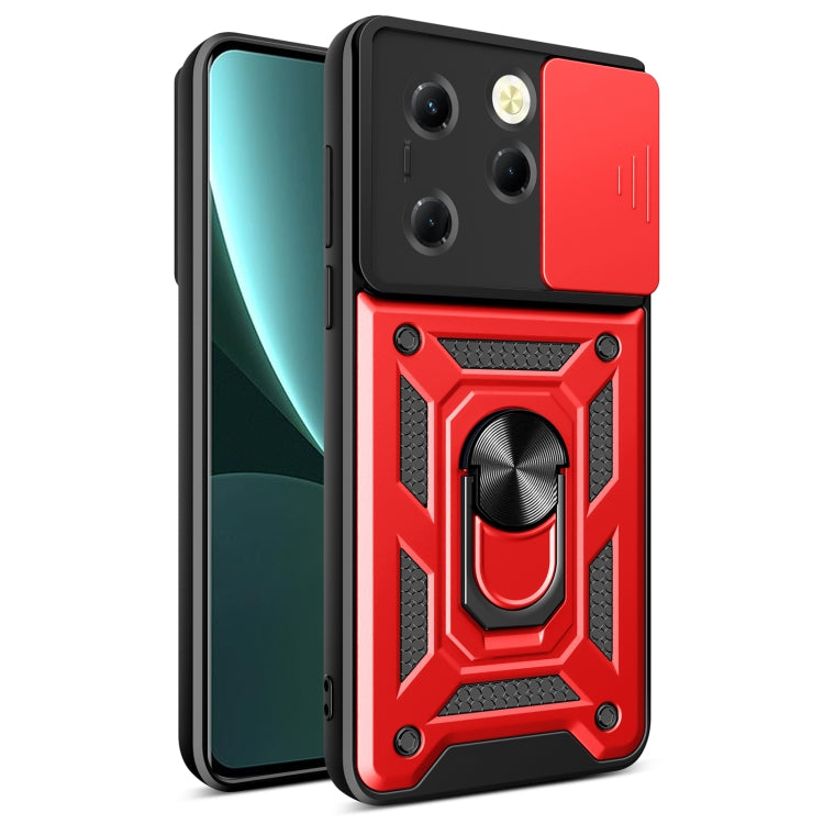 Sliding camera cover phone case, black and red rugged armor design with ring holder
