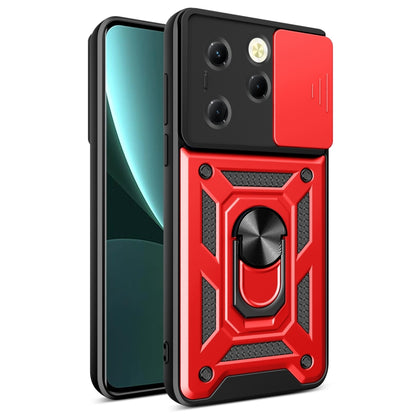Sliding camera cover phone case, black and red rugged armor design with ring holder