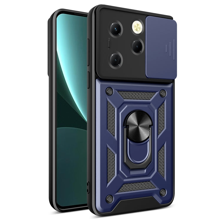 Sliding camera cover phone case, navy blue rugged armor design with ring holder
