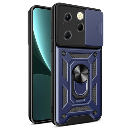 Sliding camera cover phone case, navy blue rugged armor design with ring holder