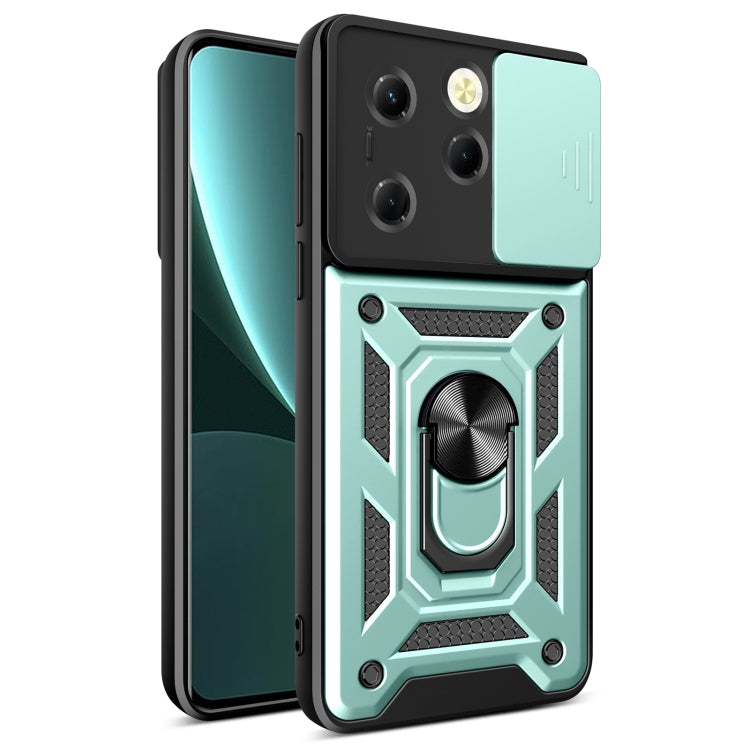 Sliding camera cover phone case, mint green rugged armor design with ring holder