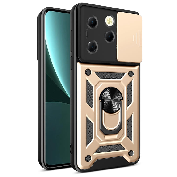 Sliding camera cover phone case, gold-tone rugged armor design with ring holder