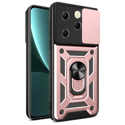 Sliding camera cover phone case, blush pink rugged armor design with ring holder