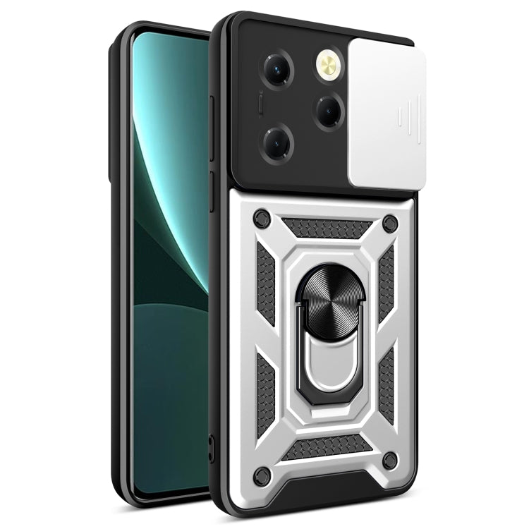 Sliding camera cover phone case, white rugged armor design with ring holder