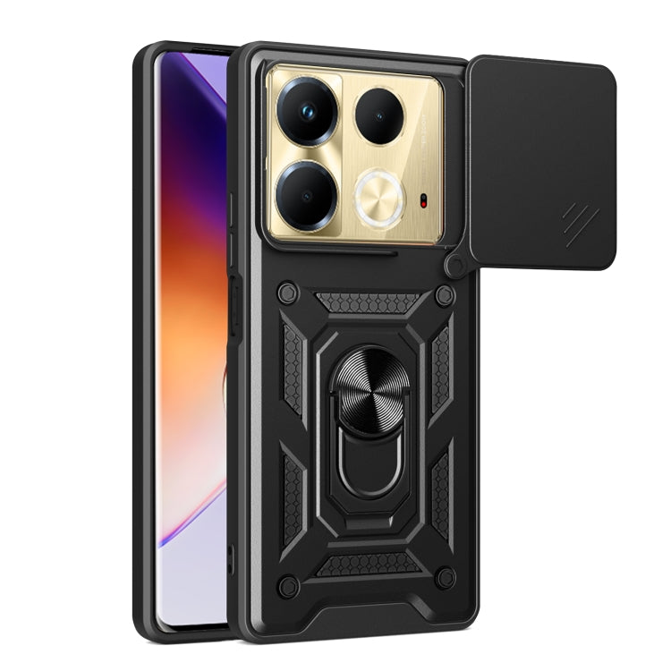 Black sliding camera cover phone case with rugged armor design and camera cutouts