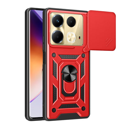 Red sliding camera cover phone case with rugged armor design and camera cutouts