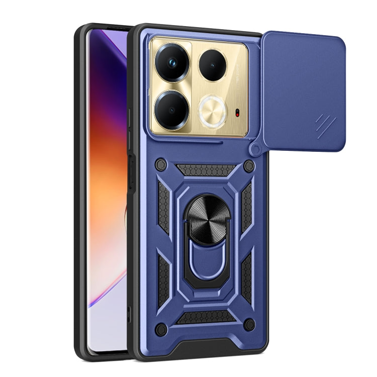 Navy blue sliding camera cover phone case with rugged armor design and camera ring
