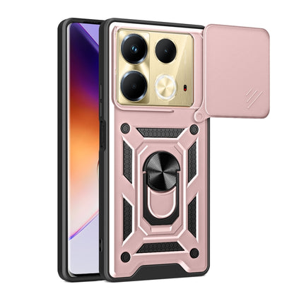 Sliding camera cover phone case, rose pink rugged armor design with ring holder