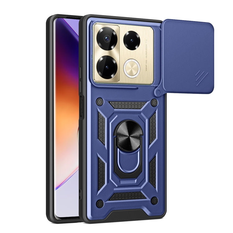 Blue sliding camera cover phone case with rugged armor design and kickstand-style ring