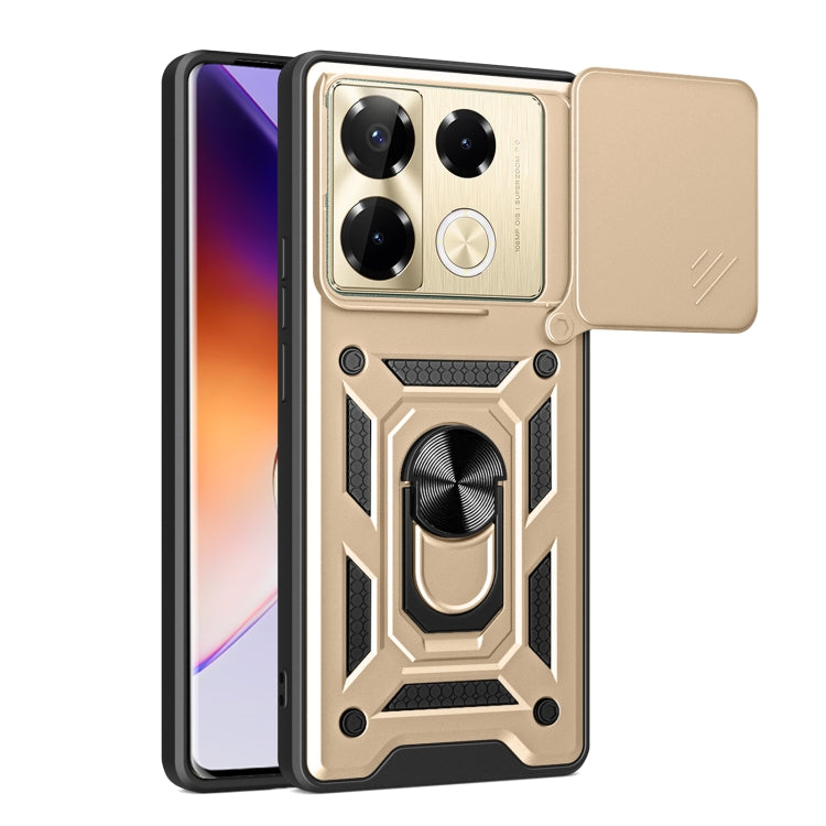 Gold sliding camera cover phone case with rugged armor design and camera protection