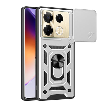 Silver sliding camera cover phone case with rugged armor design and phone camera window