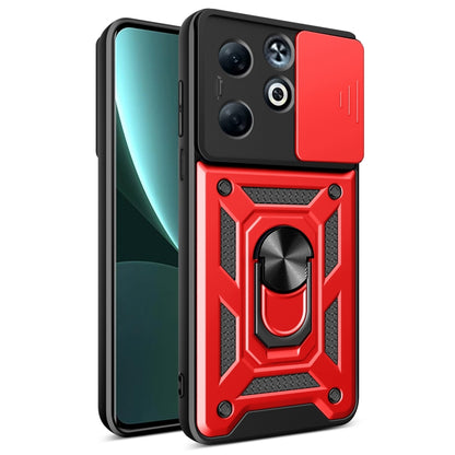 TPU+PC phone case with sliding camera cover, metal ring stand detail, red.
