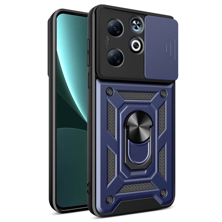 TPU+PC phone case with sliding camera cover, metal ring stand detail, navy blue.