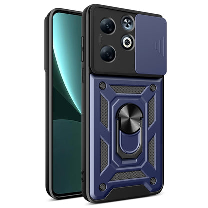 TPU+PC phone case with sliding camera cover, metal ring stand detail, navy blue.