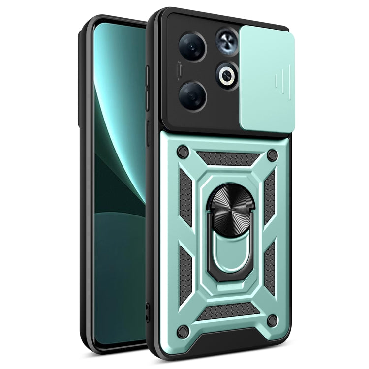 TPU+PC phone case with sliding camera cover, metal ring stand detail, mint green.