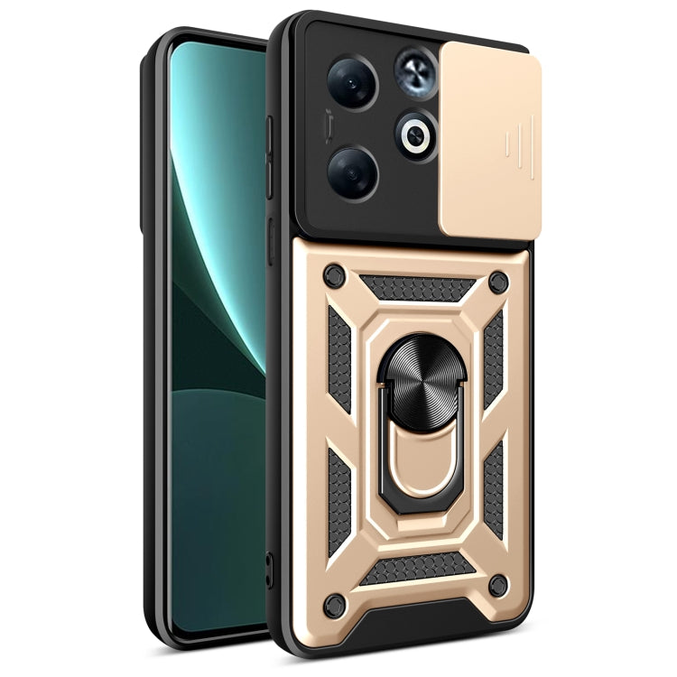 TPU+PC phone case with sliding camera cover, metal ring stand detail, champagne gold.