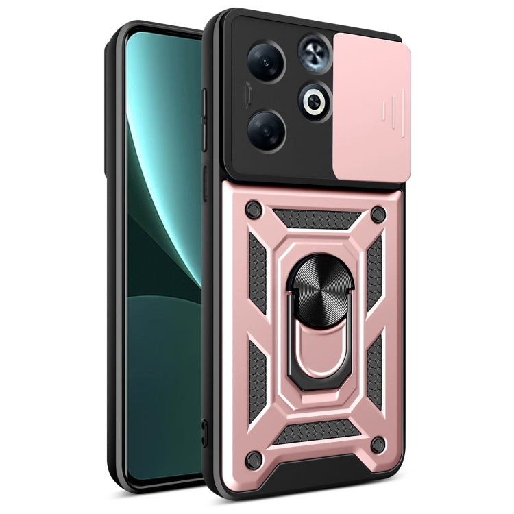 TPU+PC phone case with sliding camera cover, metal ring stand detail, rose pink.