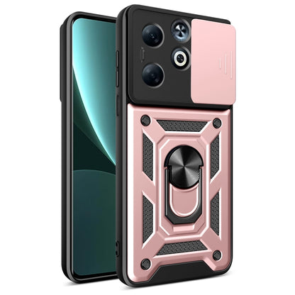 TPU+PC phone case with sliding camera cover, metal ring stand detail, rose pink.