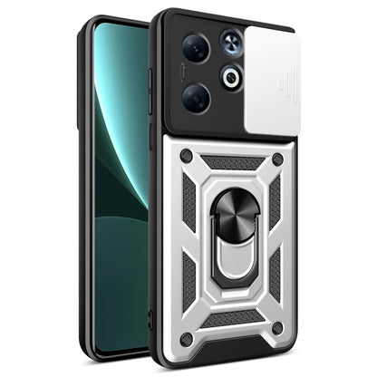 TPU+PC phone case with sliding camera cover, metal ring stand detail, white.