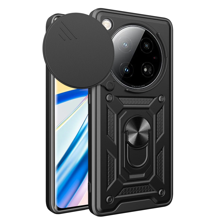 Black sliding camera cover phone case with rugged armor design and circular cover