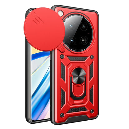 Red sliding camera cover phone case with rugged armor design and circular cover