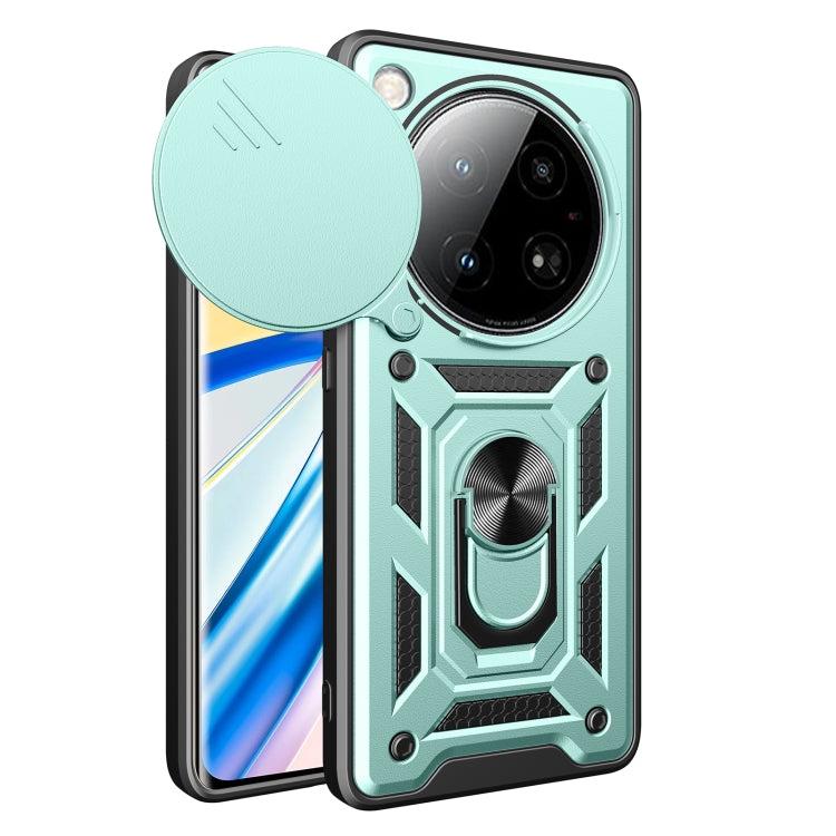Teal sliding camera cover phone case with rugged armor design and circular cover