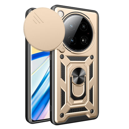 Gold sliding camera cover phone case with rugged armor design and circular cover