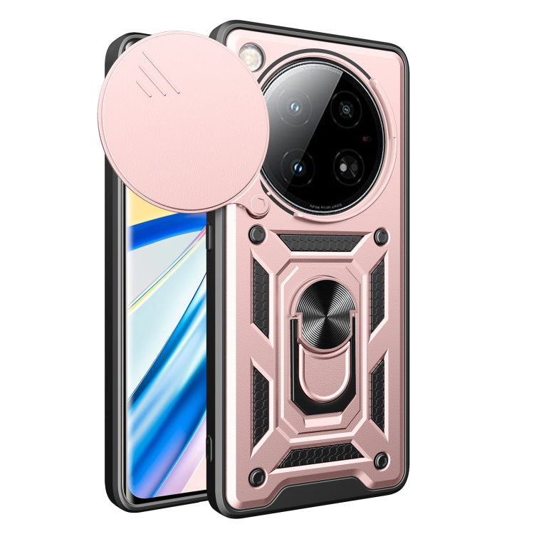 Rose gold sliding camera cover phone case with rugged armor design and circular cover