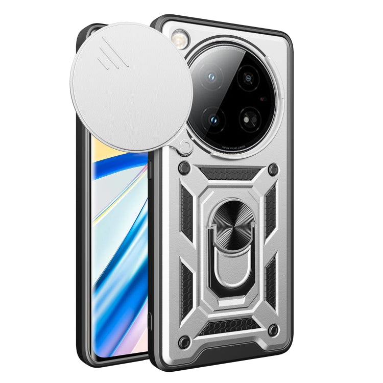 White sliding camera cover phone case with rugged armor design and circular cover