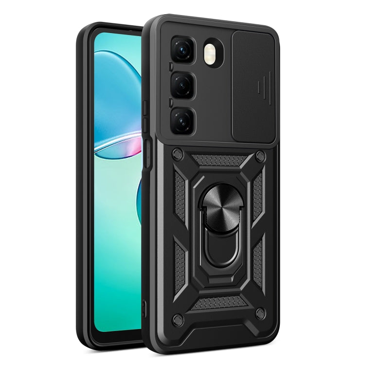 Black phone case with sliding camera cover and ring stand, rugged textured armor look