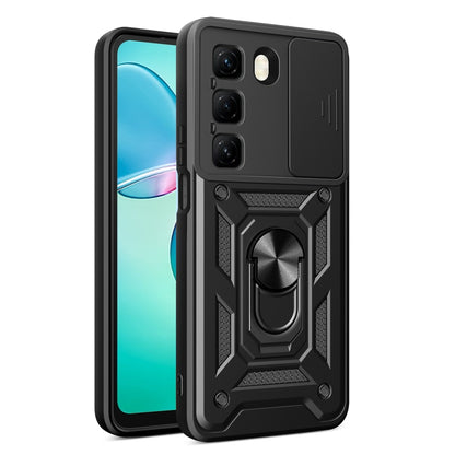 Black phone case with sliding camera cover and ring stand, rugged textured armor look