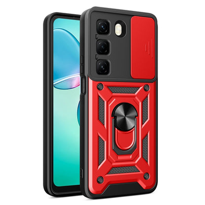 Red phone case with sliding camera cover and ring stand, rugged textured armor style