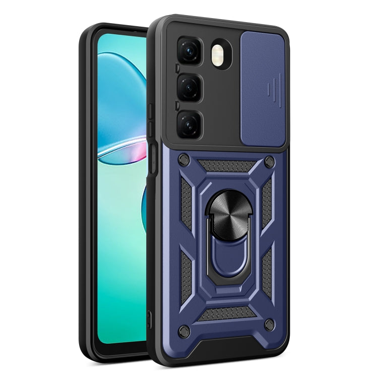 Navy blue phone case with sliding camera cover and ring stand, rugged textured armor look