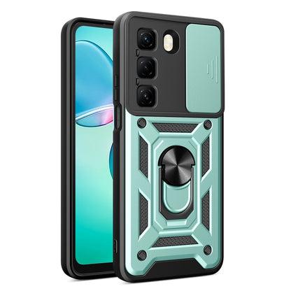 Green phone case with sliding camera cover and ring stand, rugged textured armor style