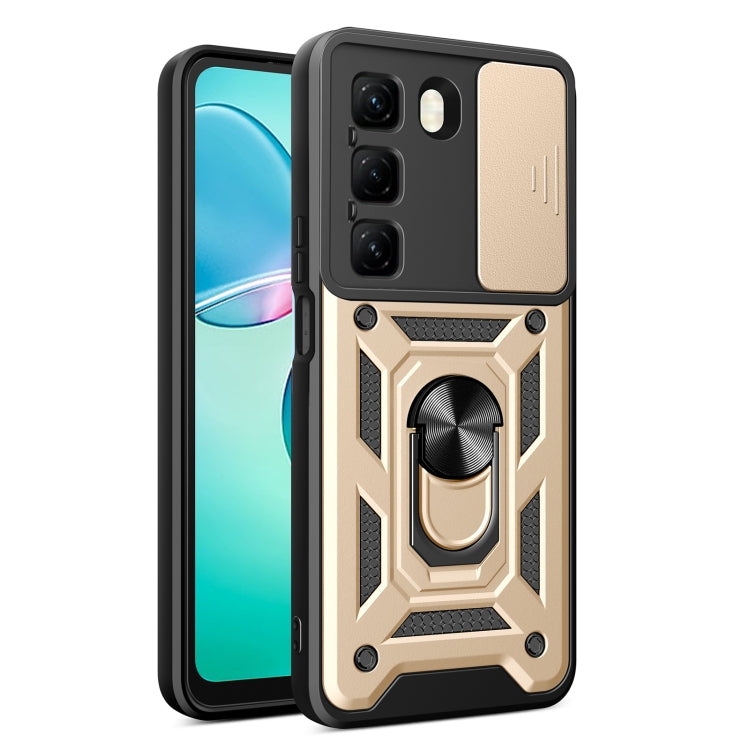 Beige phone case with sliding camera cover and ring stand, rugged textured armor design