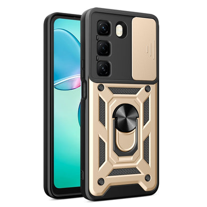 Beige phone case with sliding camera cover and ring stand, rugged textured armor design
