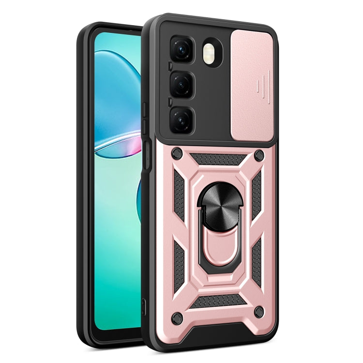 Light rose phone case with sliding camera cover and ring stand, rugged textured armor design