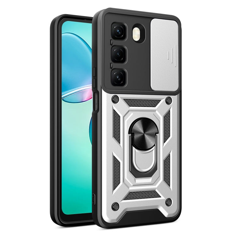 Light gray phone case with sliding camera cover and ring stand, rugged textured armor design