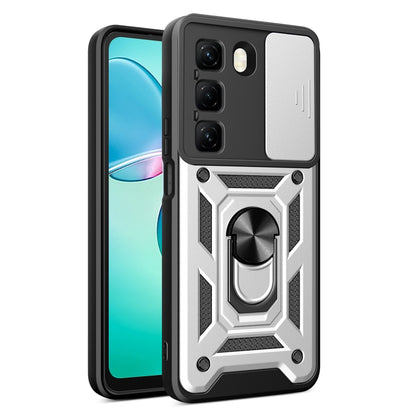 Light gray phone case with sliding camera cover and ring stand, rugged textured armor design