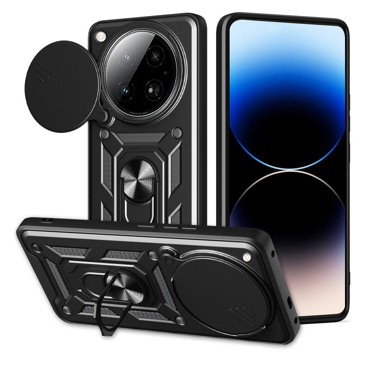 Black rugged phone case with sliding camera cover and built-in stand, circular cover