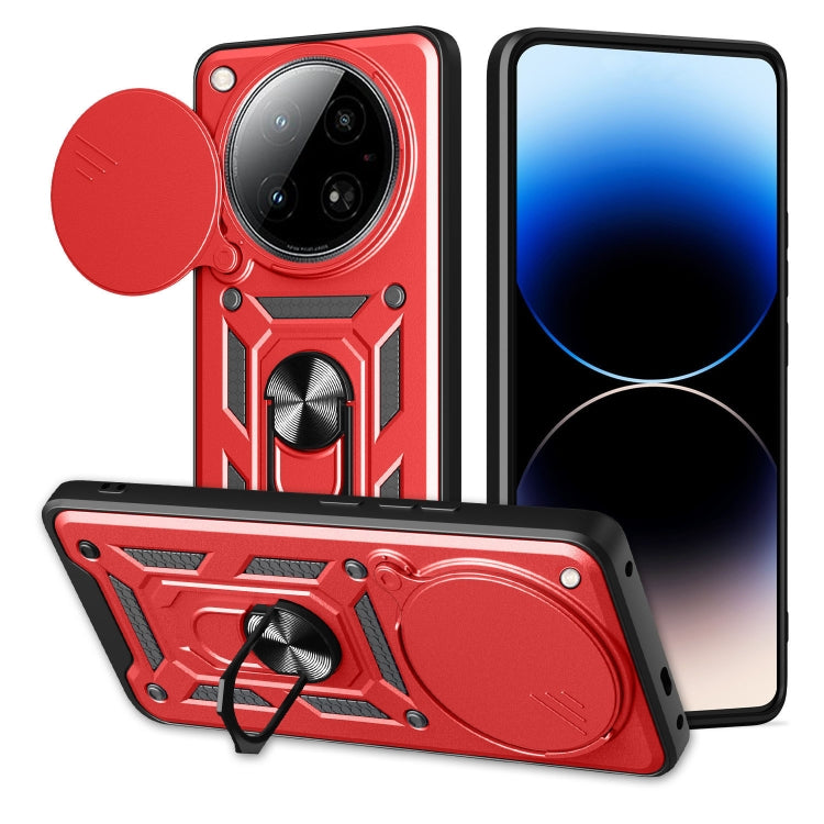 Red rugged phone case with sliding camera cover and built-in stand, circular cover