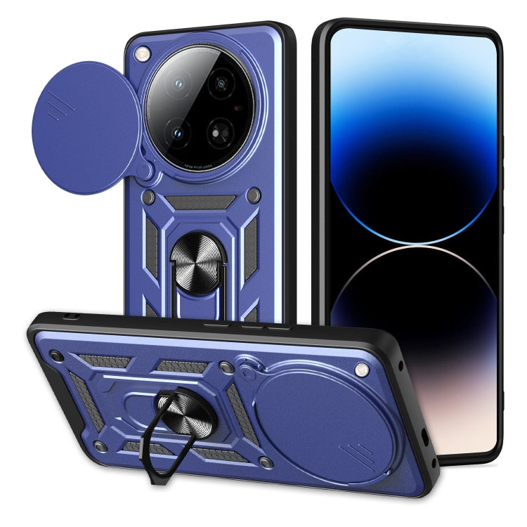 Blue rugged phone case with sliding camera cover and built-in stand, circular cover