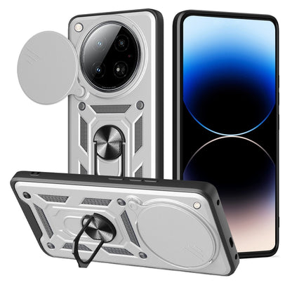 Gray phone case with sliding camera cover, rugged TPU+PC, kickstand ring holder