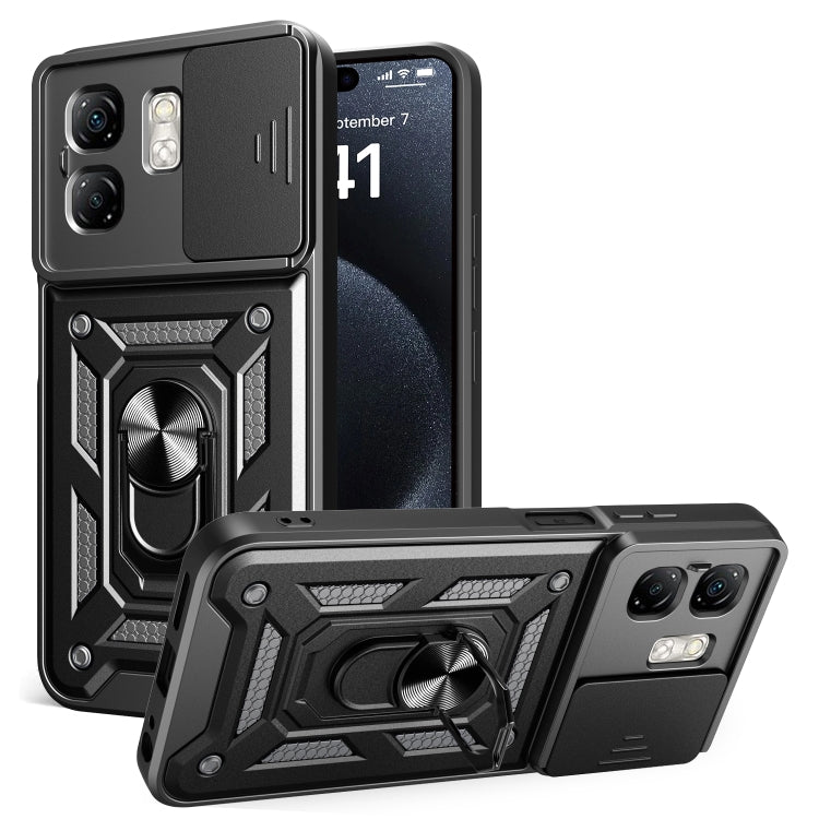 Black sliding camera cover phone case with rugged armor frame and ring stand